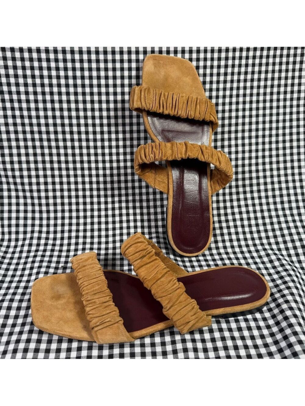 STAUD Maya Sandals Womens 10 EU 40 Tan Suede Ruched Strap Slide Made Portugal